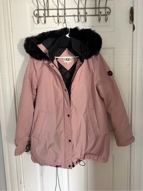 UGG Women's Pink Hooded Puffer Coat with Black Faux Fur Trim